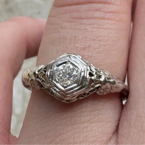 Antique Filigree 14k White Gold Old Mine Cut Diamond Engagement Ring - Picture 8 of 16